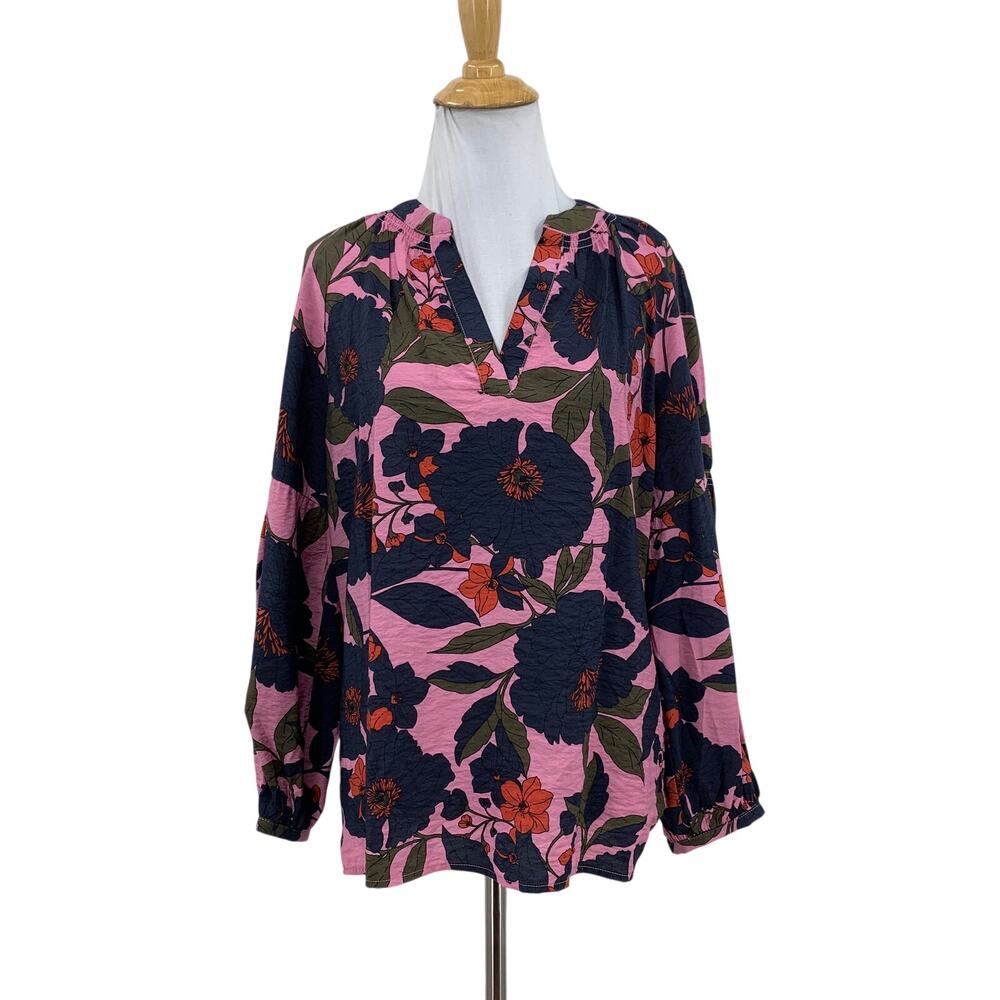 Caslon Blouse Womens S Small Navy Rose Smocked V Neck Floral Bracelet Sleeve